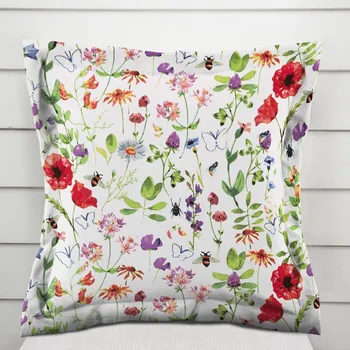 Povlak na dekorativní polštářek Bavlněný povlak na polštář s lemem Sandra SA-608 Červeno-fialové luční kvítí s motýlky a čmeláčky na bílém 35 x 45 cm
