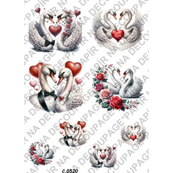 Umělecký papír Rýžový a soft papír na decoupage - Labutě, srdce, láska - KB0520 Materiál: Soft, Rozměr: A4