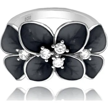 Prsten MINET Černý rozkvetlý stříbrný prsten FLOWERS s bílými zirkony