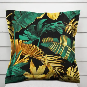 Povlak na dekorativní polštářek Bavlněný povlak na polštář s lemem Sandra SA-603 Zeleno-zlaté tropické listy na černém 30 x 50 cm