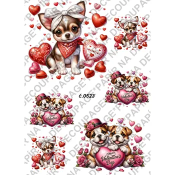 Umělecký papír Rýžový a soft papír na decoupage - Pejsek, srdce, láska - KB0523 Materiál: Soft, Rozměr: A4