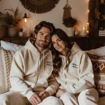 Pánská mikina Párové mikiny na zip se jmény a daty Barva: Béžová s černou nití, Velikost: On M Ona L, Umístění výšivky: Okolo krku