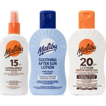 Kosmetická sada Malibu Pack & Bag Malibu Lotion Spray Medium Protection ochranný sprej SPF 15 100 ml + Malibu After Sun Lotion mléko po opalování s aloe vera 100 ml + Malibu Lotion Medium Protection ochranné mléko SPF 20 100 ml
