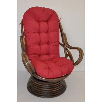 Křeslo Ratanové houpací křeslo SWIVEL hnědé polstr vínový melír