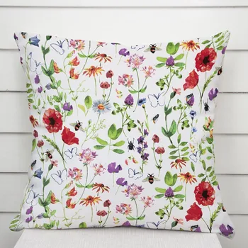 Povlak na polštářek Bavlněný povlak na polštář Sandra SA-608 Červeno-fialové luční kvítí s motýlky a čmeláčky na bílém 50 x 60 cm
