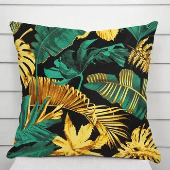 Povlak na dekorativní polštářek Bavlněný povlak na polštář Sandra SA-603 Zeleno-zlaté tropické listy na černém 40 x 40 cm