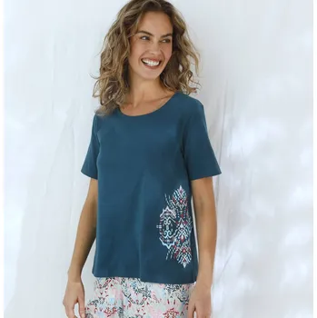 Dámské pyžamo Blancheporte Pyžamové tričko s krátkými rukávy a potiskem ikat vzoru na boku tyrkysová 38/40