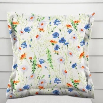 Povlak na polštářek Bavlněný povlak na polštář s lemem Sandra SA-601 Kopretiny a zvonky na bílém 50 x 50 cm