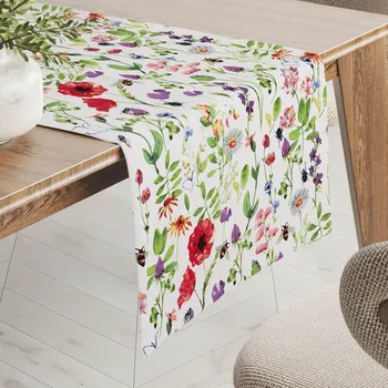 ubrus Bavlněný běhoun na stůl Sandra SA-608 Červeno-fialové luční kvítí s motýlky a čmeláčky na bílém 20x140 cm