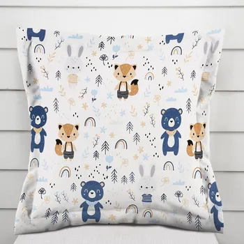 Povlak na polštářek Dětský bavlněný povlak na polštář s lemem Sandra SA-595 Modro-béžová lesní zvířátka na bílém 50 x 60 cm
