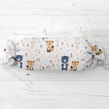 Dekorativní polštářek Dětský polštář válec bonbon Sandra SA-595 Modro-béžová lesní zvířátka na bílém 15x100 cm