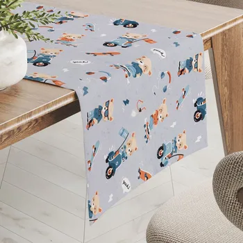 ubrus Dětský bavlněný běhoun na stůl Sandra SA-599 Méďové na motorkách a skateboardech na světle šedomodrém 20x140 cm