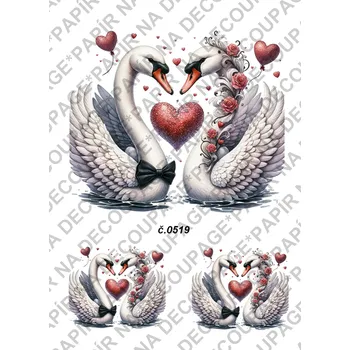 Umělecký papír Rýžový a soft papír na decoupage - Labutě, srdce, láska - KB0519 Materiál: Soft, Rozměr: A4
