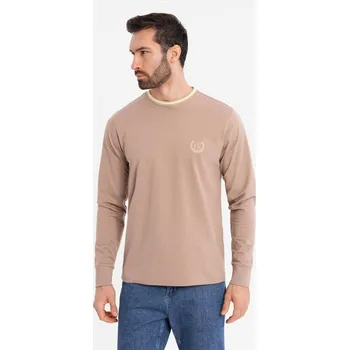Pánské bavlněné tričko s dlouhým rukávem, pruhovaným výstřihem do U a výšivkou - hnědé V6 OM-LSCL-0128 - M