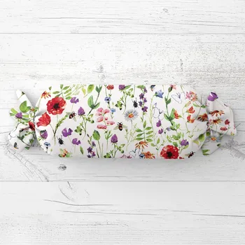 Dekorativní polštářek Polštář válec bonbon Sandra SA-608 Červeno-fialové luční kvítí s motýlky a čmeláčky na bílém 15x40 cm