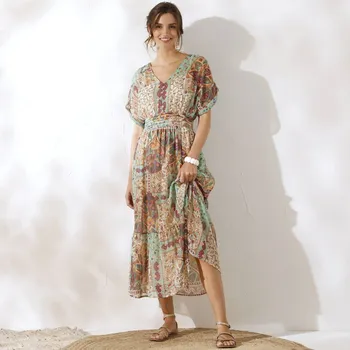 Dámské šaty Dlouhé voálové šaty s potiskem režná/mátová 38