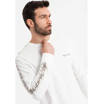 Pánské bavlněné tričko s dlouhým rukávem a lemováním a potiskem na hrudi - broken white V3 OM-LSCL-0127 - L