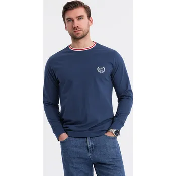 Pánské bavlněné tričko s dlouhým rukávem, pruhovaným výstřihem do U a výšivkou - tmavě modré V3 OM-LSCL-0128 - L