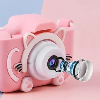 Digitální kompakt Mini Dětský Digitální Fotoaparát obrazovka 2,0 Palce S Roztomilou Kočkou, Silikonové Pouzdro , Růžový