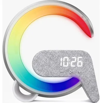 Lampička LED relaxační lampička Immax FLAMINGO s QI nabíjením, budík, RGB, USB výstup,BT, stříbrná