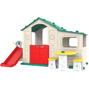 Dětský domeček Velký dětský domeček s předsíní, skluzavkou a zelenou střechou