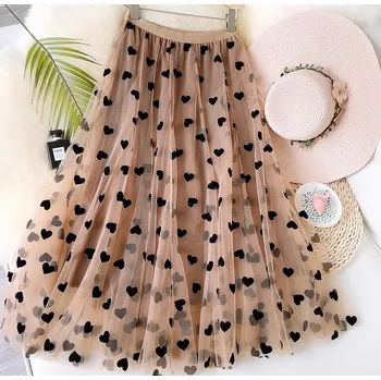 Dámské oblečení Dámská tylová maxi sukně s romantickými srdíčky Barva: Khaki