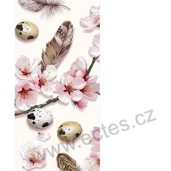 Papírový ubrousek IHR BEAUTIFUL SAKURA papírový dekorační kapesníček na découpage rozkvetlé růžové květy sakury a ptačí pírka