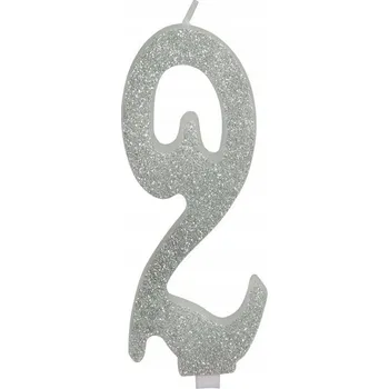 Dortová svíčka Narozeninová SVÍČKA ČÍSLICE 2 STŘÍBRNÁ SE STŘÍBRNÝMI TŘPYTKAMI 12 CM NAROZENINY
