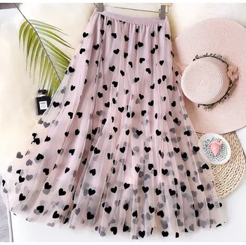 Dámská sukně Dámská tylová maxi sukně s romantickými srdíčky Barva: Růžová