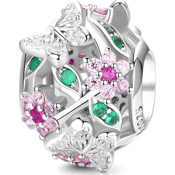 Přívěsek 4U Stříbrný přívěsek korálek s květy a motýlem