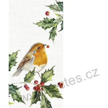Papírový ubrousek IHR LEXI AND ROBIN papírový dekorační kapesníček na découpage ptáček červenka obecná a cesmína