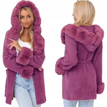 Dámský kabát Soprato dámský fialový oversize kabát s kapucí kabát 097 alpaka teplý přechodný s páskem univerzální velikost