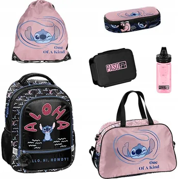 Školní batoh Školní sada Stitch Paso černá: batoh, vak, penál, taška, lahev na pití, box na svačinu