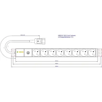 Serverovna CONTEG Napájecí panel, 8xUTE, 250V, 10A pojistka, 19", 2,8m kabel se zástrčkou IEC 320 C14 DP-RP-08-UTEF-IEEC14