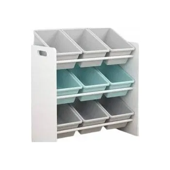 úložný prostor na hračky REGÁL ŠEDO-BÍLÝ DŘEVĚNÝ S PLASTOVÝMI BOXAMI ORGANIZÉR NA HRAČKY PRO DĚTI