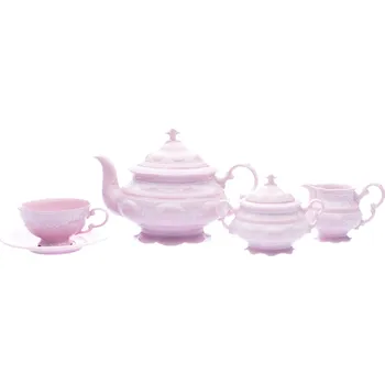 Jídelní set Leander Čajová souprava Sonáta, bílá krajka, růžový porcelán, Leander, 15 dílná
