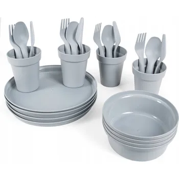 Talíř Turistická sada pro 4 osoby, plastová miska, talíř, příbory Family, šedá