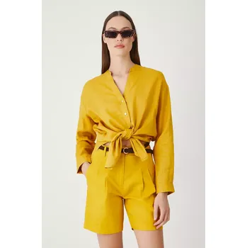 Dámské kraťasy Lněné kraťasy Medicine dámské, žlutá barva, hladké, high waist RS25.SZD093 17X, vel. XS