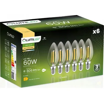 Žárovka 6x LED žárovka E14 svíčka filament 7W LUMILED 3000