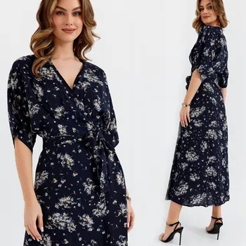 Dámské šaty MAXI ŠATY MÓDNÍ ŠATY SE ZAVAZOVÁNÍM V KVĚTINOVÉM PASE NÁMOŘNICKÁ MODRÁ 44 XXL