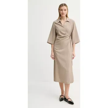 Dámské šaty Šaty s příměsí lnu Samsoe Samsoe SAHANI F25100011 béžová 80X, vel. S