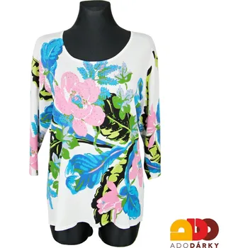 Dámská halenka Halenka elastická s květinovým vzorem XL bílo modro zelená (Barevná úpletová halenka s 3/4 rukávem se štrasem)