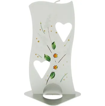 Svíčka Ručně malovaná svatební svíčka se srdíčky 14 cm bílá + kytičky (Tenká svíce s kovovým stojánkem)