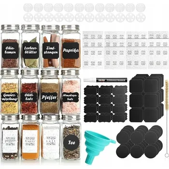 Sklenice NÁDOBY NA KOŘENÍ SKLENICE SKLENICE 12 KUSŮ + ETIKETY TRYCHTÝŘ SADA