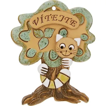 Zahradní dekorace Strom s kočkou s béžovobílým ocasem "Vítejte" 14 cm (Keramická kočka na stromě)