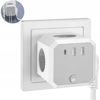 Elektrická zásuvka Cestovní kostka s USB porty bez kabelu, 2x USB + 1x TYPE-C + 4 Zásuvky 7v1