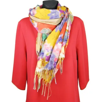 Šála Béžová šála s barevnými květy 2v1 (Oboustranný dámský šál)