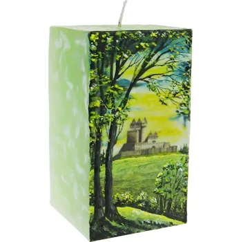 Svíčka Ručně malovaná svíčka zelená hrad Hukvaldy (Hranatá ručně dekorovaná svíce)
