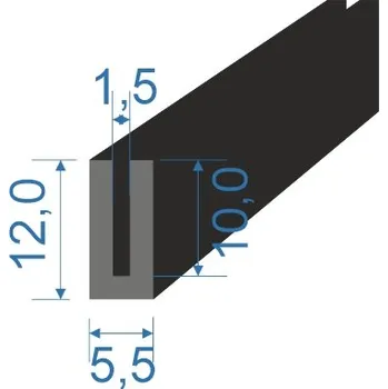 Těsnění do okna a dveří 05353709 Pryžový profil tvaru "U", 12x5,5/1,5mm, 67°Sh, FPM, -15°C/+200°C, černý