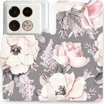 Pouzdro na mobilní telefon Flipové pouzdro Mobiwear - Infinix Note 40 Pro - MX06S Květy na šedém pozadí (Knížkové flip pouzdro, obal, kryt na mobil Infinix Note 40 Pro - MX06S Květy na šedém pozadí, materiál Umělá kůže + TPU - ochrana 360°, stojánek, silikonová vanička, magnetické)